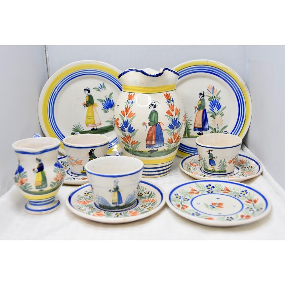 Antique 19c. Hand Painted France Henriot Quimper Faience Pottery Set- 11 Pieces